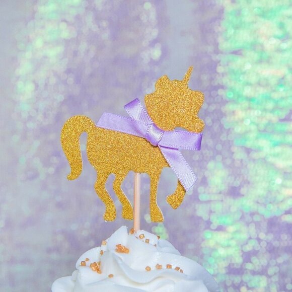 🌺 Gold Unicorn Cupcake Toppers & Classic Happy Birthday Banner - Picture 3 of 6